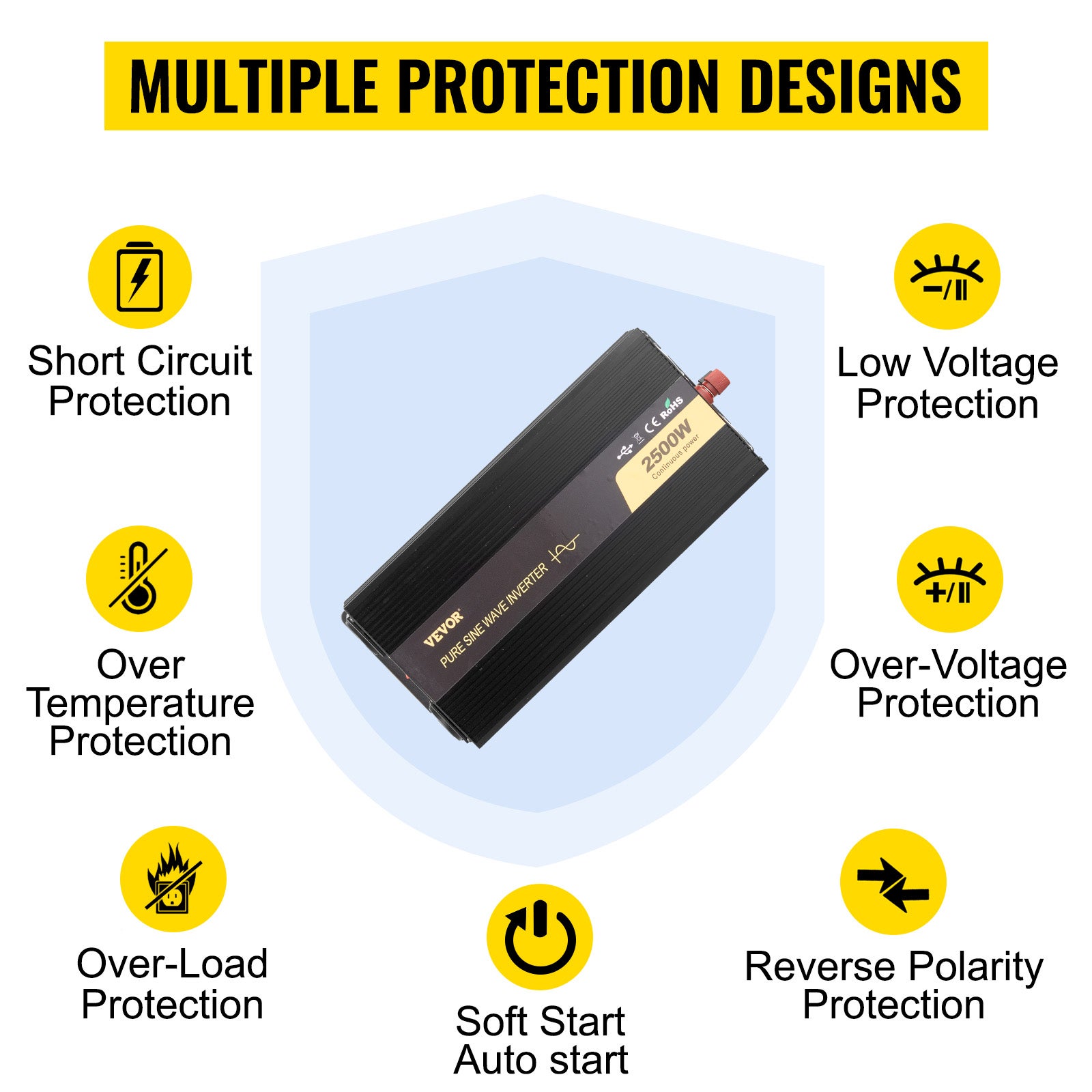 Onduleur à Onde Sinusoïdale VEVOR Pure DC 12V à AC 230V 2500W Convertisseur de Tension Pure Protections de Sécurité avec Télécommande Câble écran LCD - 6