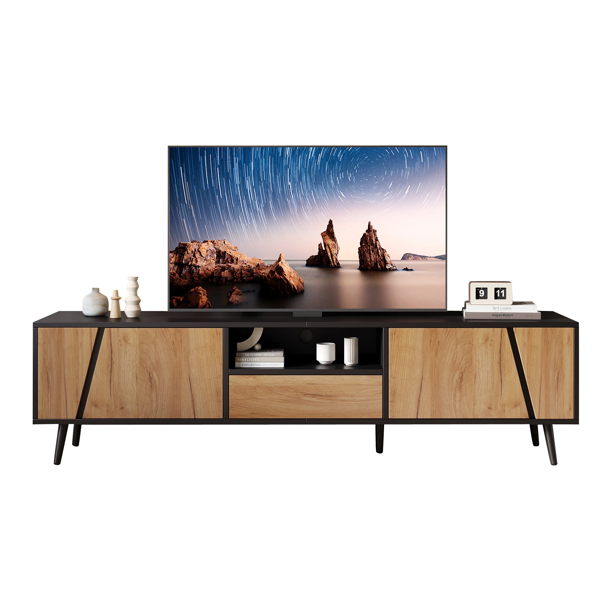 Mobile TV con 2 ante e 1 cassetto - 180 x 40 x 46 cm - Pannello truciolare e gambe in legno massello - Nero e naturale - 7