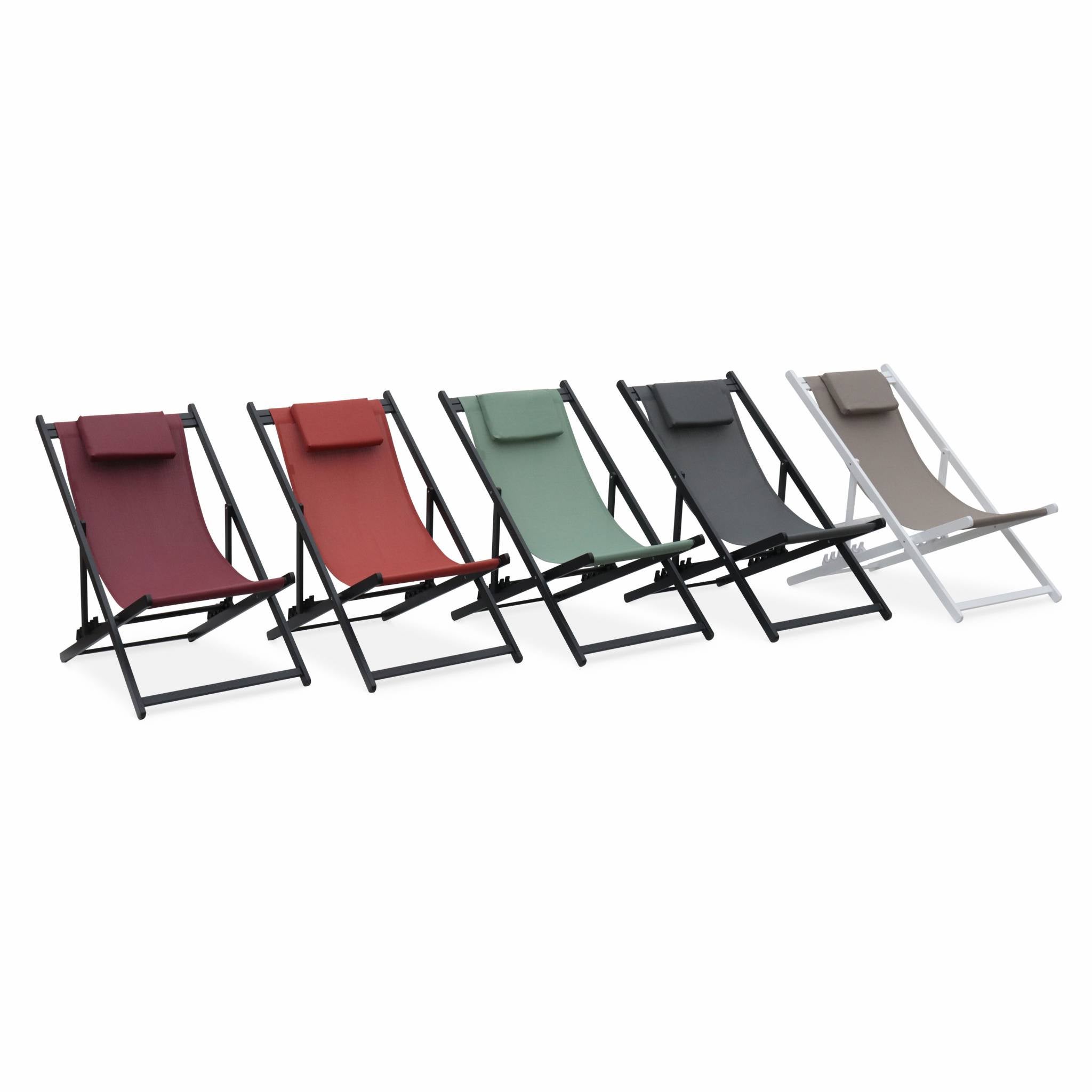 Lot de 2 bains de soleil - Gaia taupe - en aluminium blanc et textilene taupe avec coussin repose tête. chilienne - 7