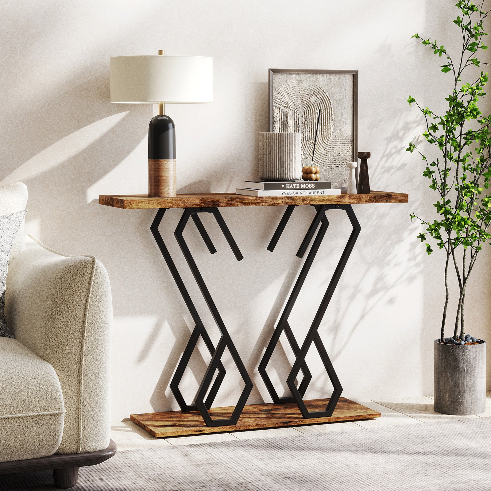 Stolik konsolowy, mebel do przedpokoju z półką, złota metalowa rama, zestaw zabezpieczający przed przewróceniem w zestawie, 100 x 30 x 80 cm, brązowy - 9
