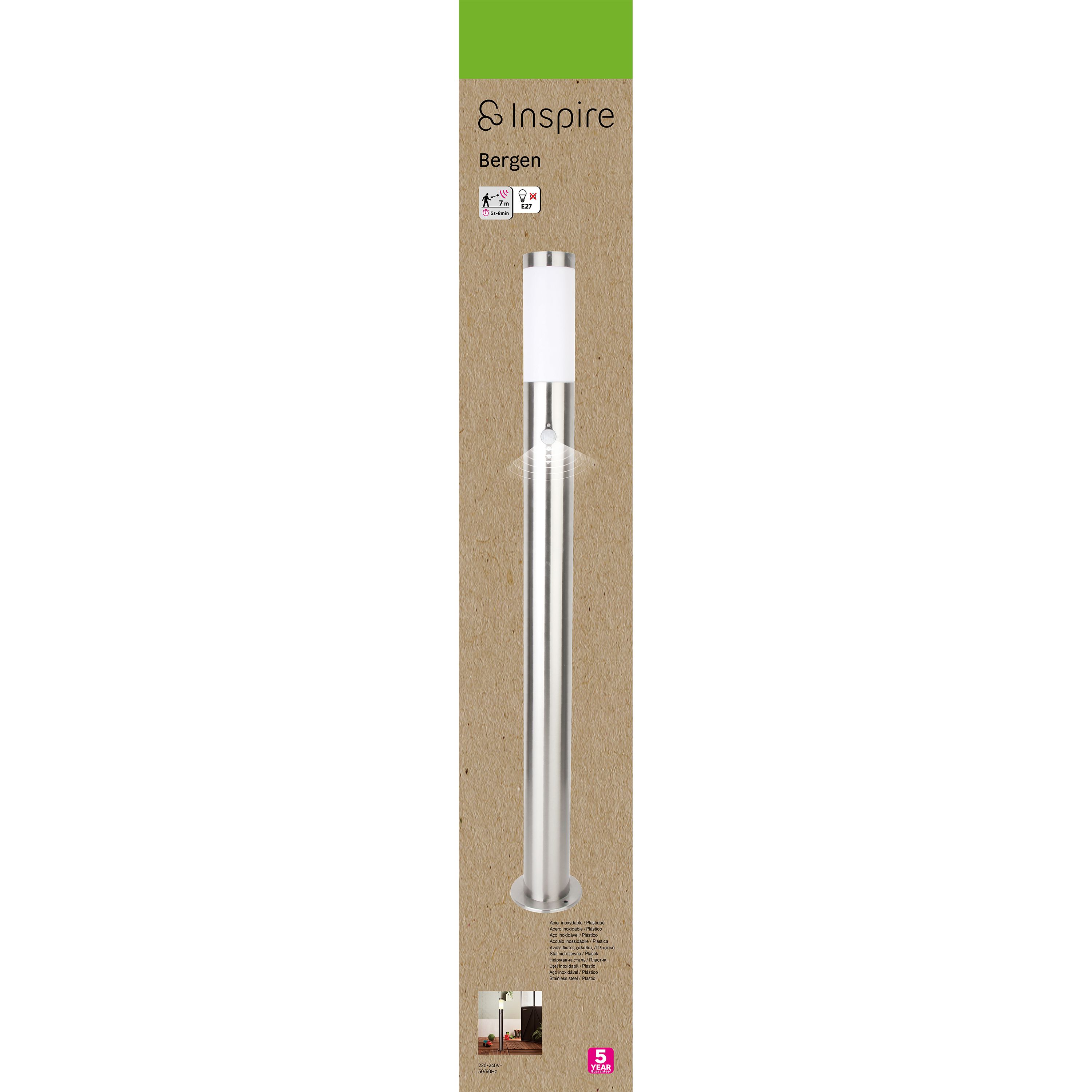 Lampione per esterni con sensore di movimento BERGEN - 1 x E27 max 25W - IP44 - Acciaio inox - INSPIRE - 6