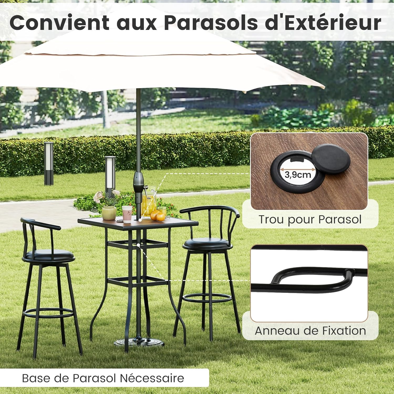 Tavolino da Giardino da 70 cm, Tavolino Quadrato con Piano in Finta Legno, con Foro per Ombrellone da 39 mm, Telaio Metallico, Tavolo Alto da - 5