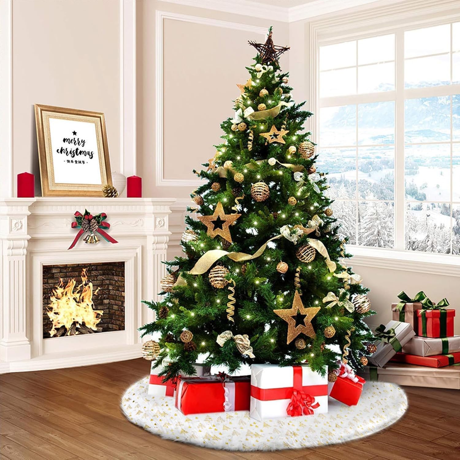 Saia para árvore de Natal, padrão dourado para árvore de Natal, capa para base de árvore de Natal, decoração para casa (122 cm) - 7