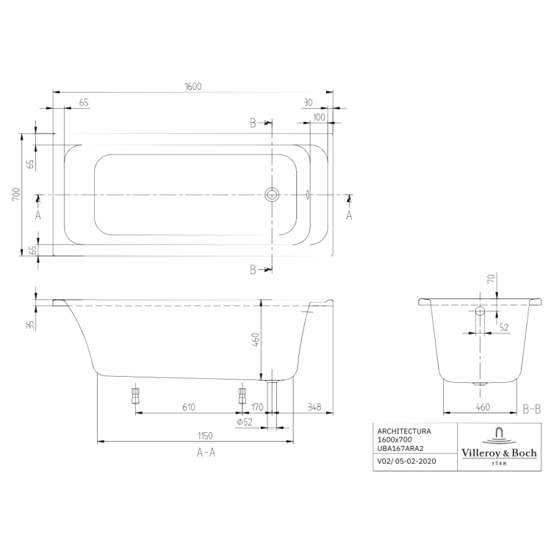Baignoire droite 160 X 70 VILLEROY ET BOCH Architectura acrylique avec pieds - 4