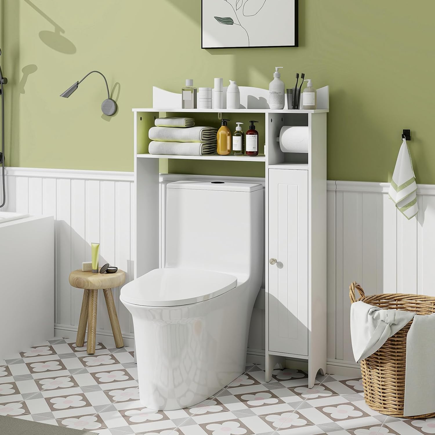 SUNTAGE Armadio portaoggetti per WC per bagno, sopra la mensola del WC, salvaspazio indipendente con ripiani regolabili, porta scorrevole in acrilico, ampia mensola aperta, 2 ganci, bianco classico