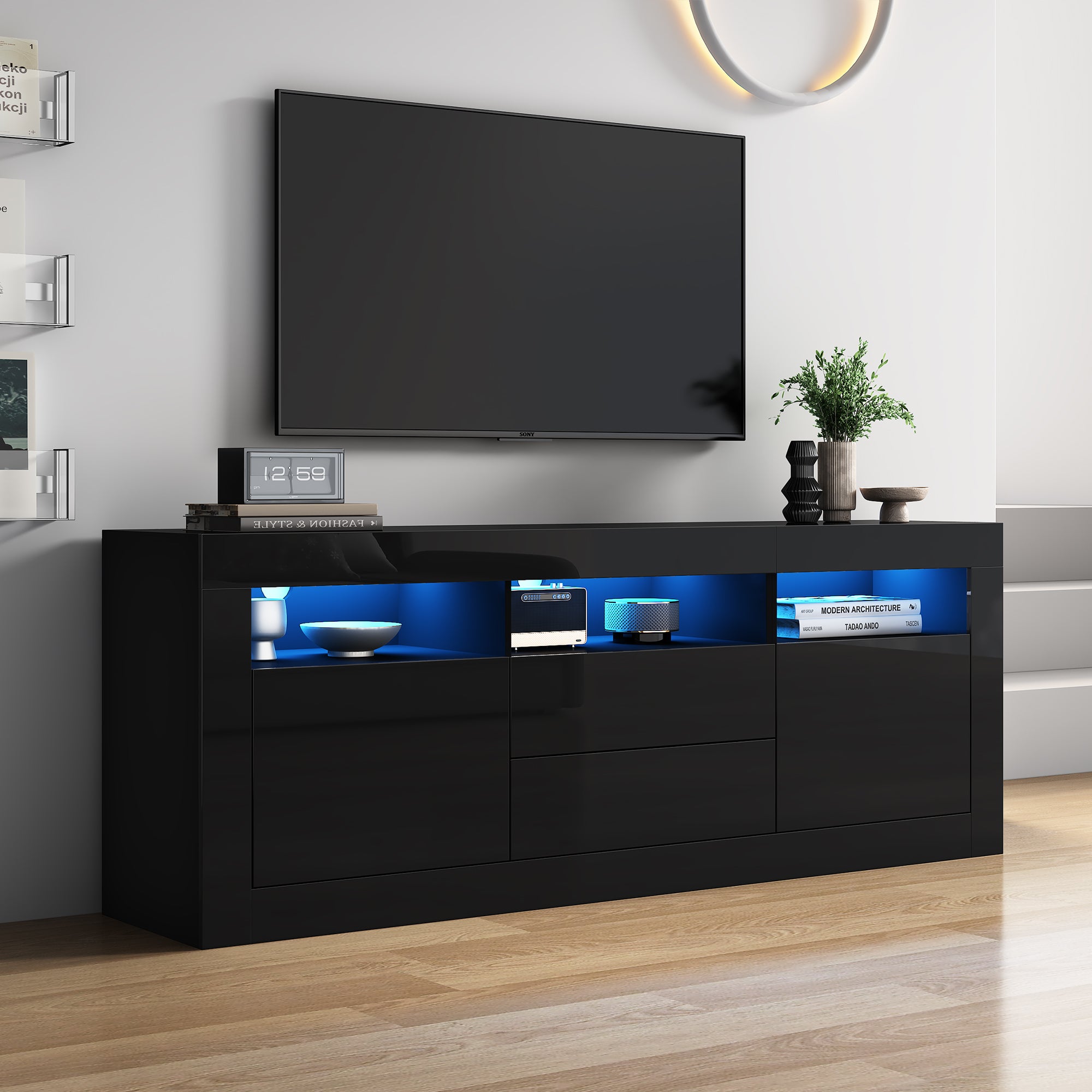 Szafka RTV z 3 otwartymi przegrodami, 2 drzwiami i 2 szufladami - 160 x 35 x 60 cm - Płyta wiórowa - Diody LED - Czarny połysk