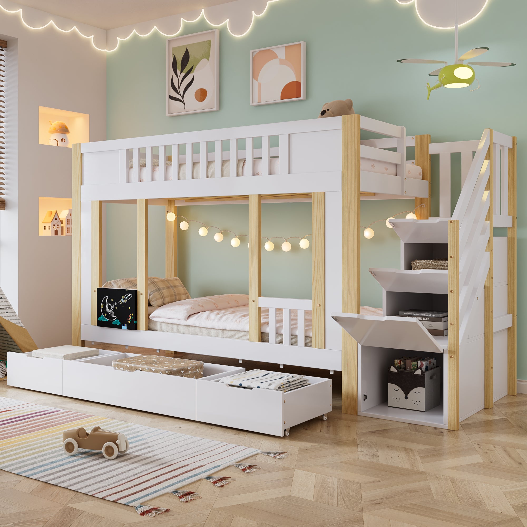 Łóżka piętrowe 2 x 90 x 200 cm z 3 szufladami i 3 drzwiami - Sosna + MDF + PB + sklejka - Białe + naturalne (Bez materaca)