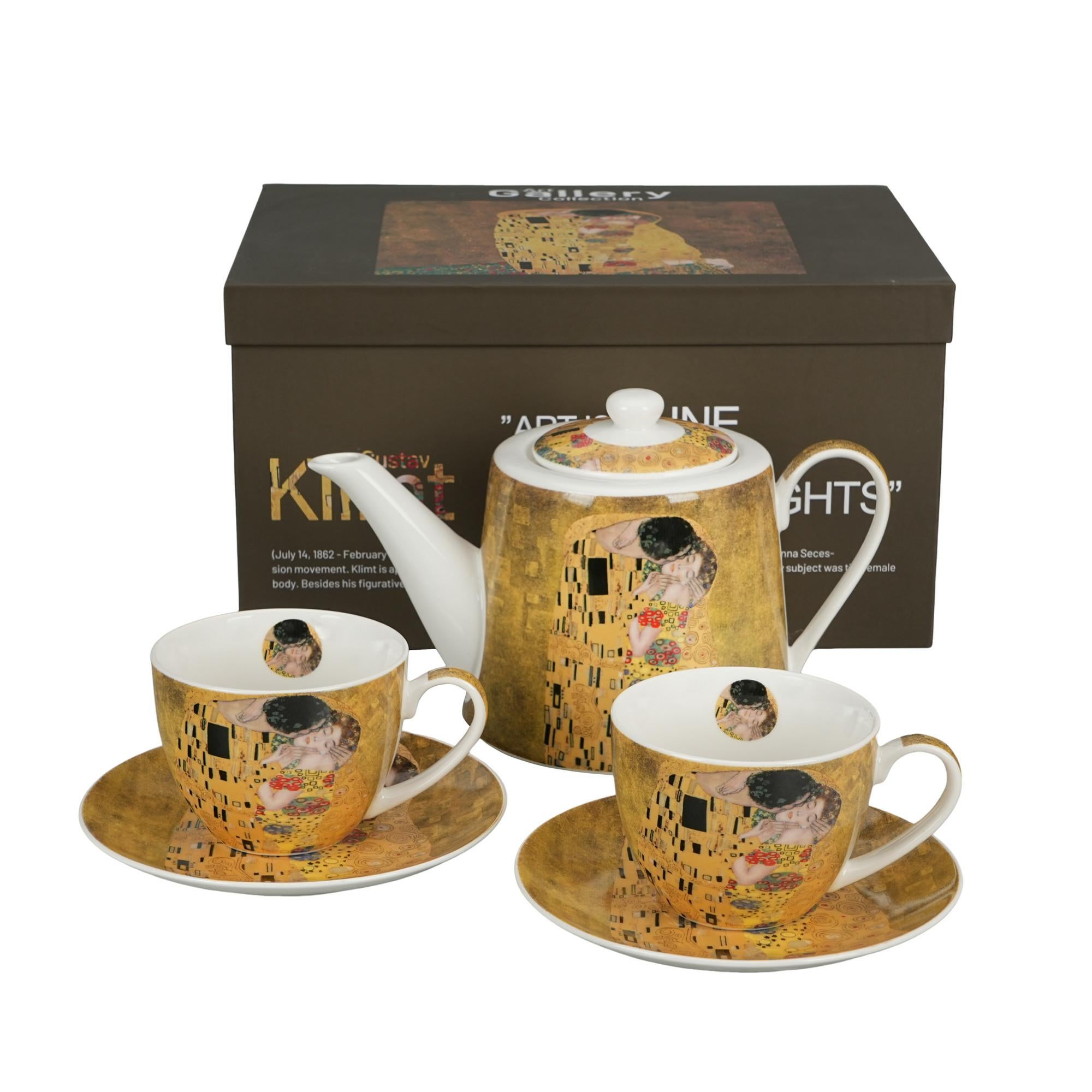 Dzbanek z zaparzaczem i dwie filiżanki ze spodkami Art. Gallery Duo Gustav Klimt Pocałunek 270ml zest.