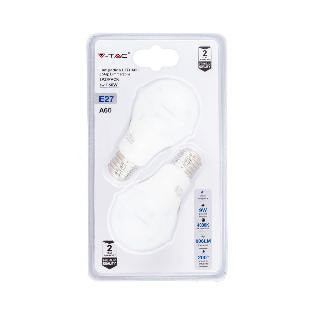 Żarówka LED E27 9W A60, ściemnialna w 3 krokach, 4000K (opakowanie blistrowe 2 szt.)