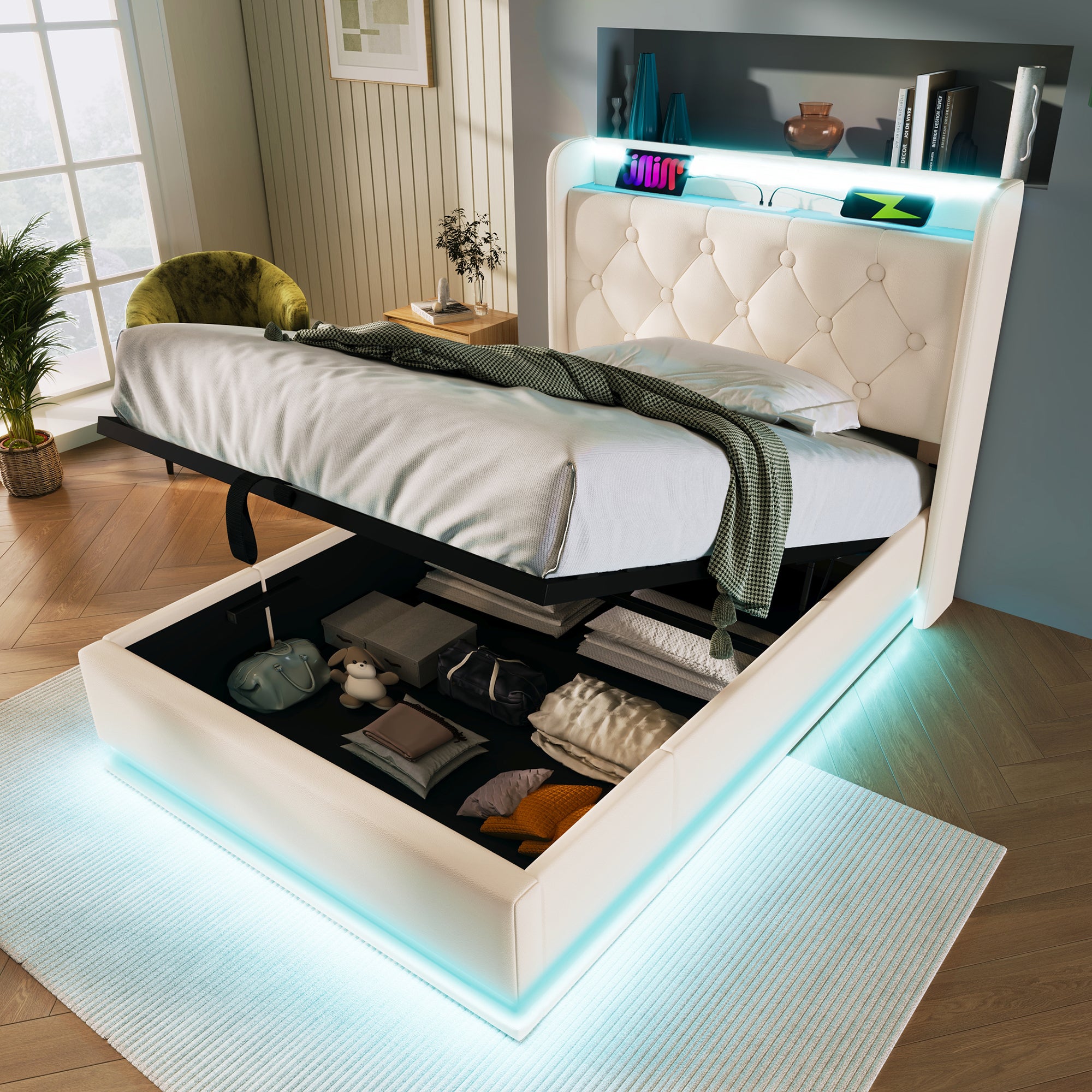 Letto contenitore 90x200cm in similpelle - con LED e prese USB e Type-C ...