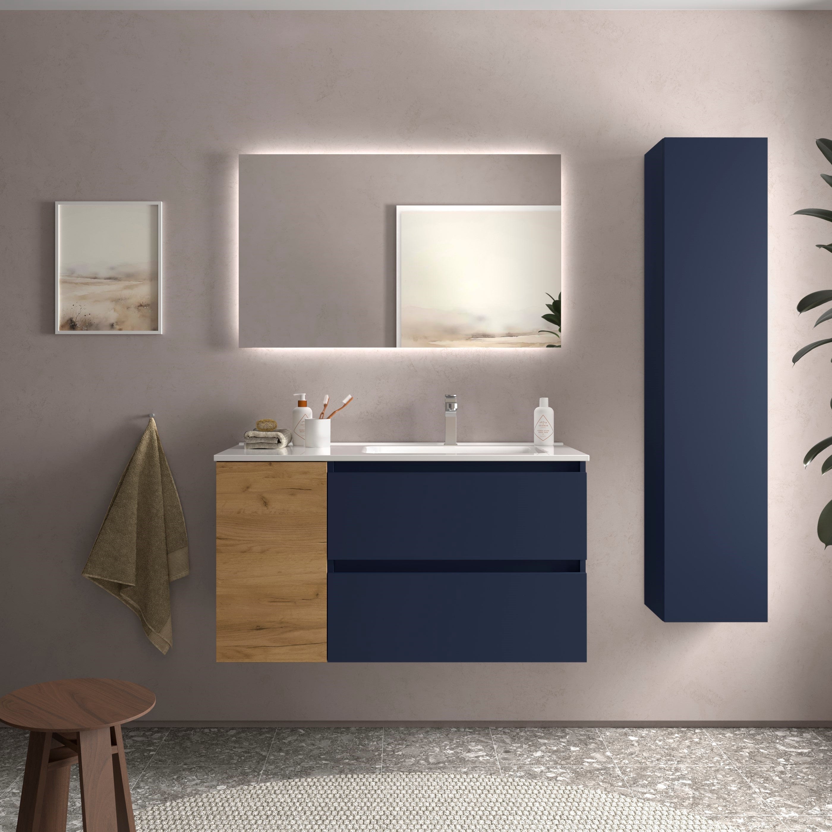 Meuble De Salle De Bain BEQUIA Plus 90cm Bleu Mat Ch ne Vasque meuble-de-salle-de-bain-bequia-plus-90cm-bleu-mat-ch-ne-vasque