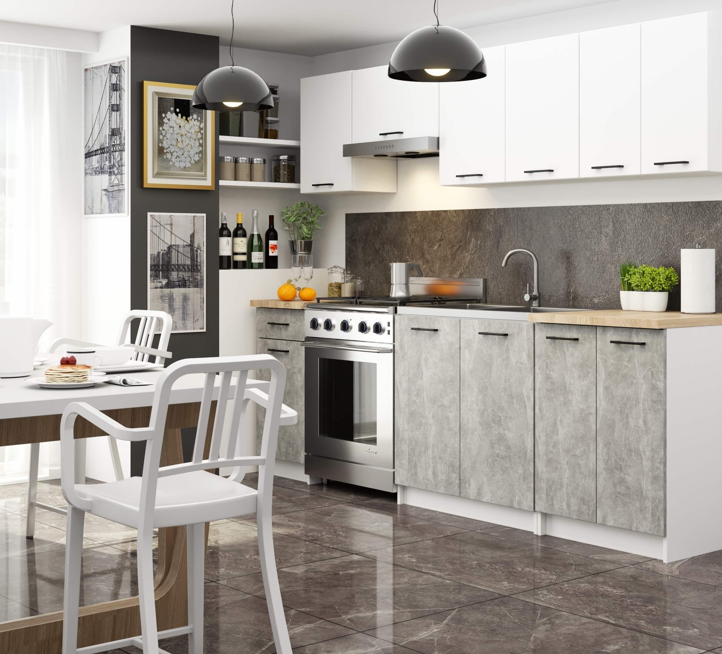 Ensemble De Cuisine AKORD OLIWIA Blanc 240 cm 11 portes 1 tiroir façade Béton 240x46x203 cm - 2