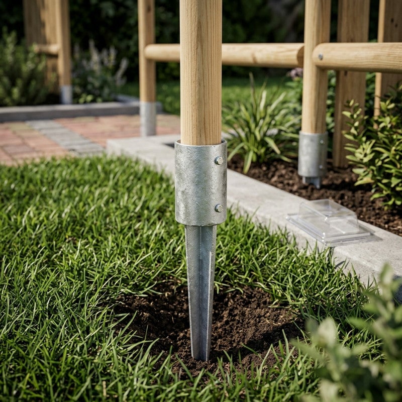 Support de poteau en bois Ø 10 cm/90 cm | Piquet rond en acier galvanisé | Ancrages à enfoncer dans les bases de poteaux en bois - 5