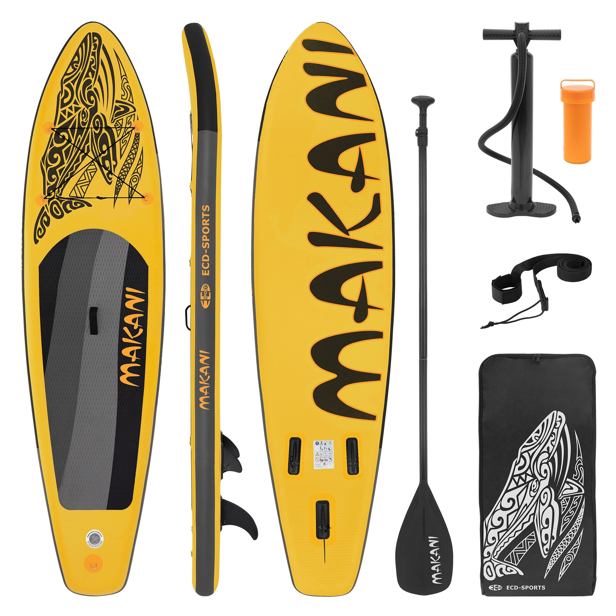 ECD Germany nadmuchiwana deska SUP Makani 320x80x15cm żółty PVC udźwig do 120kg zawiera torbę pompkę i akcesoria idealna do wiosłowania