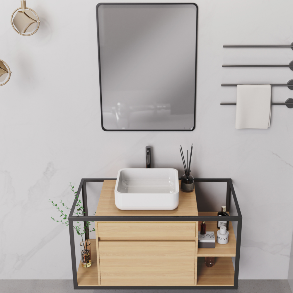 Meuble de salle de bain suspendu sous lavabo 2 tiroirs Lavabo et miroir 100 cm Design moderne 3 étagères Design industriel, chêne - ZIK - 3