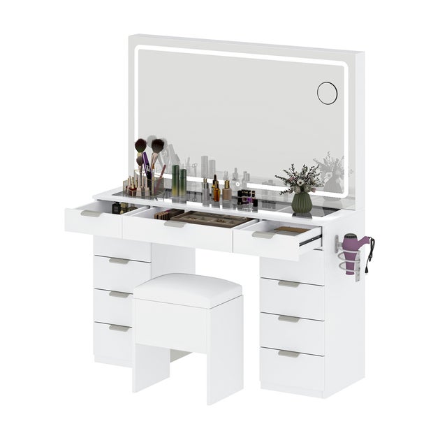 Balconera Coiffeuse avec Miroir LED réglable, Prise EU，11 Tiroirs, 40 x 114 x 134cm, avec Tabouret, Blanc, Style Moderne