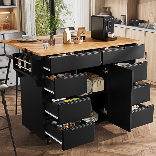 Ilot central de cuisine mobile - Plateau extensible - 8 tiroirs et 1 porte - Avec étagère à épices - MDF - Noir