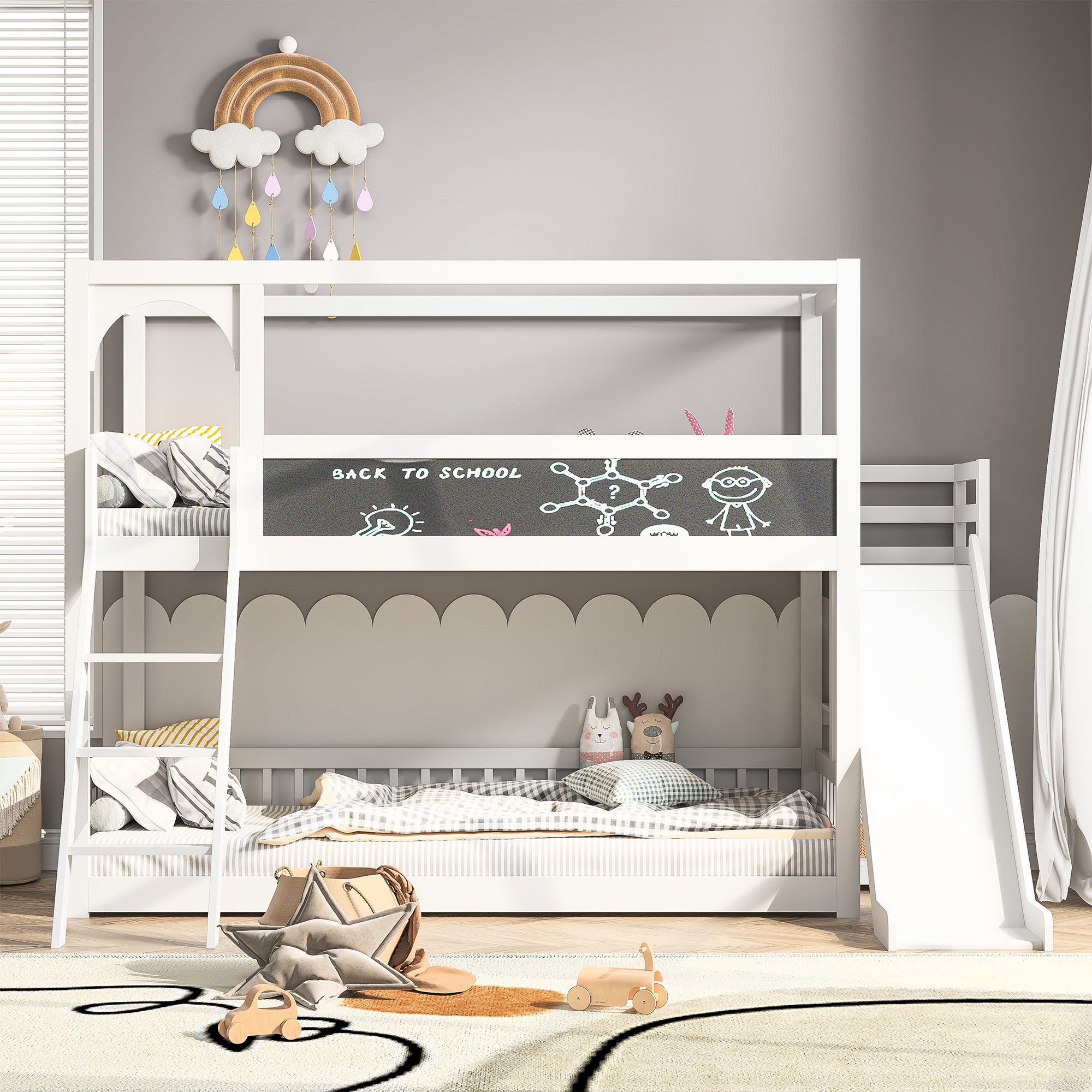 Letto A Castello Con Finestre - 90 X 200 Cm + 120 X 200 Cm - Con Scivolo E Scaletta - 2 Cassetti Legno Massello Bianco