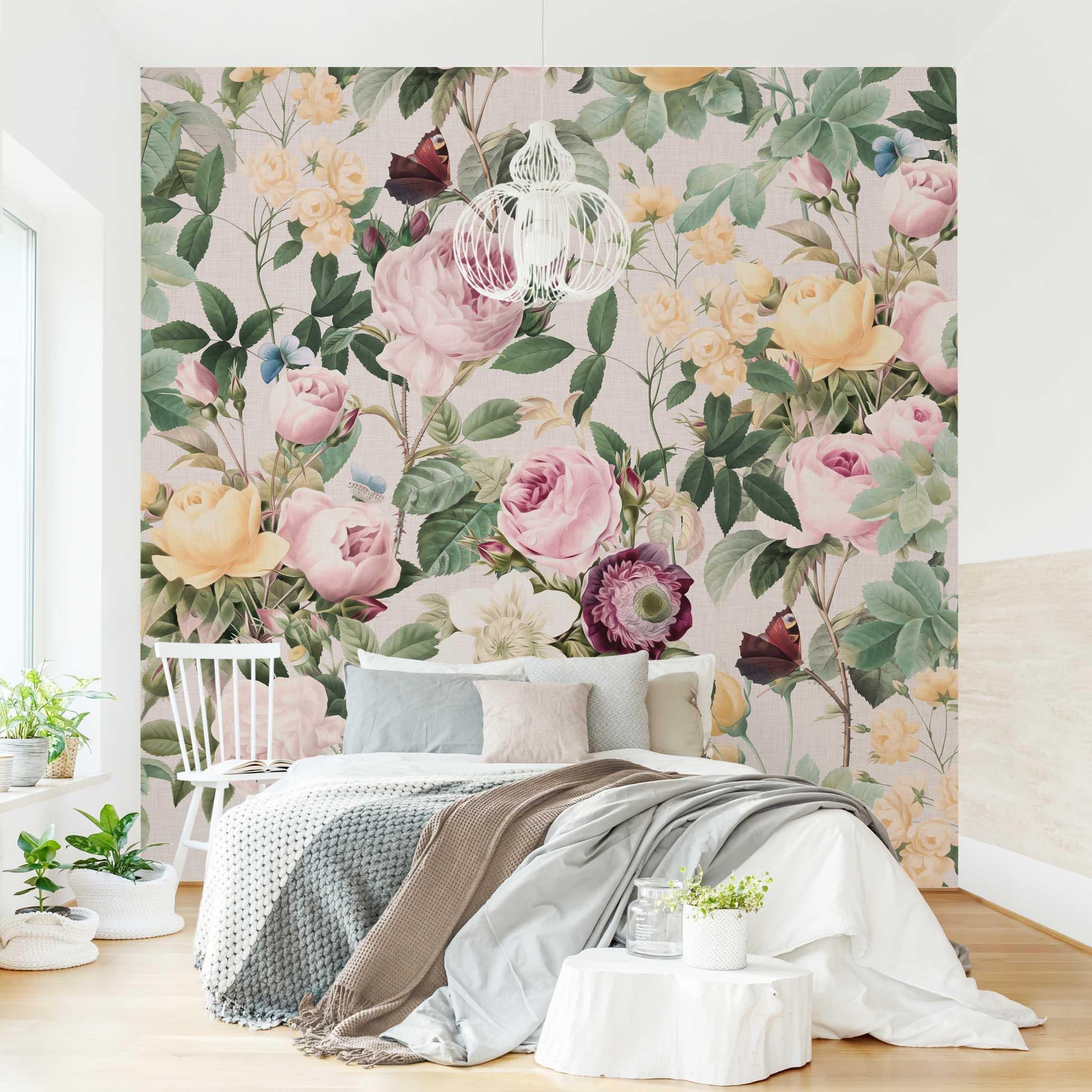 Papel pintado fotomural flores ilustración vintage rústico 222 - salón dormitorio cocina pasillo - tnt 336 x 336 cm adhesivo