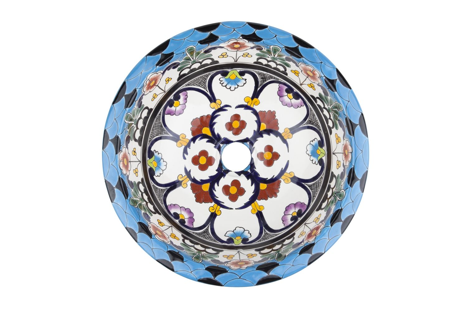 Meksykańska ceramiczna umywalka wpuszczana w blat Reina – mała okrągła umywalka łazienkowa 36 x 16 cm | Umywalka dekoracyjna