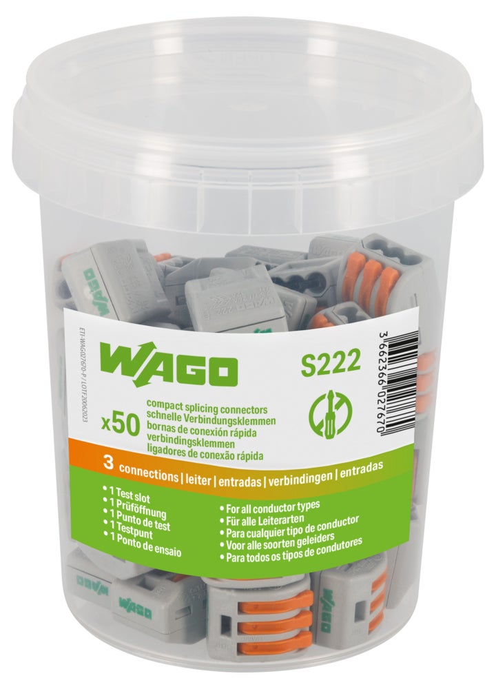 50x Connecteurs rapides WAGO S222, 3 entrées, 5 points de serrage, pour fils 0,08-4 mm², sans outil, jusqu'à 32A, avec point de test - 2