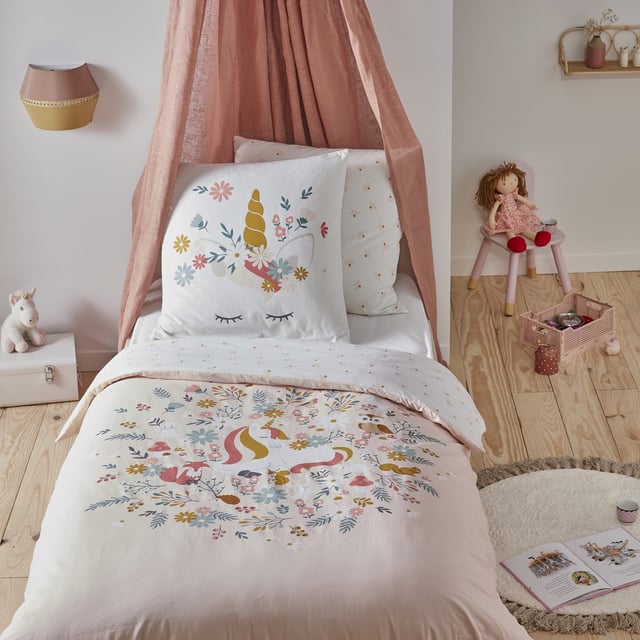 Parure de lit enfant en coton imprimé rose Licorne 140x200cm