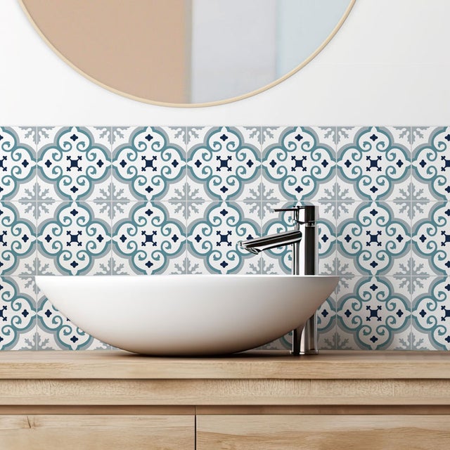 Crédence de salle de bain en Aluminium motif effet carreaux ciment bleu 140x30 cm (en 2 bandeaux) - Yazir