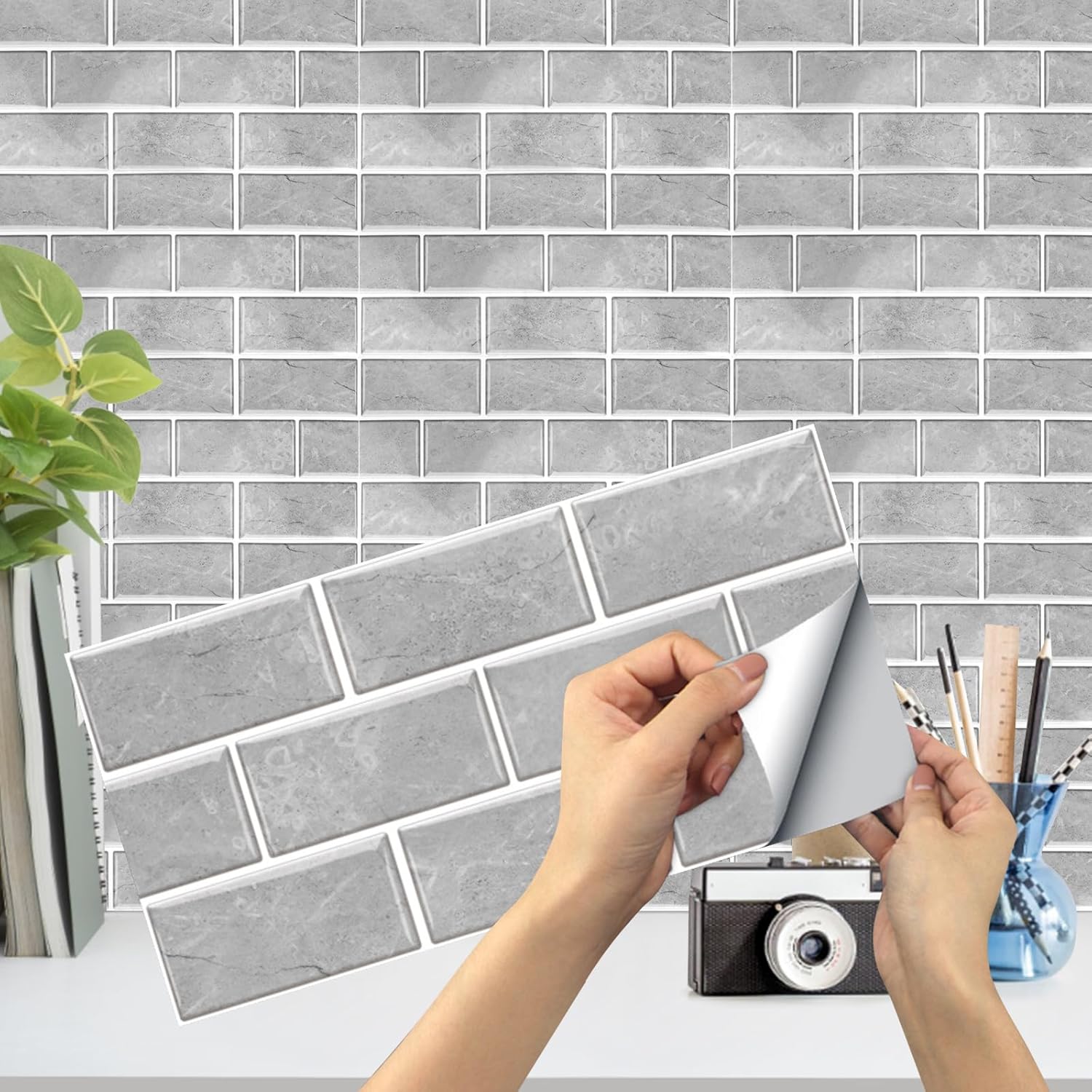 Kiwistar Adesivi Per Piastrelle 20x20 Cm - 25 Pezzi, Grigio Scuro Lucido, Rimovibili E Impermeabili Per Bagno E Cucina - 3