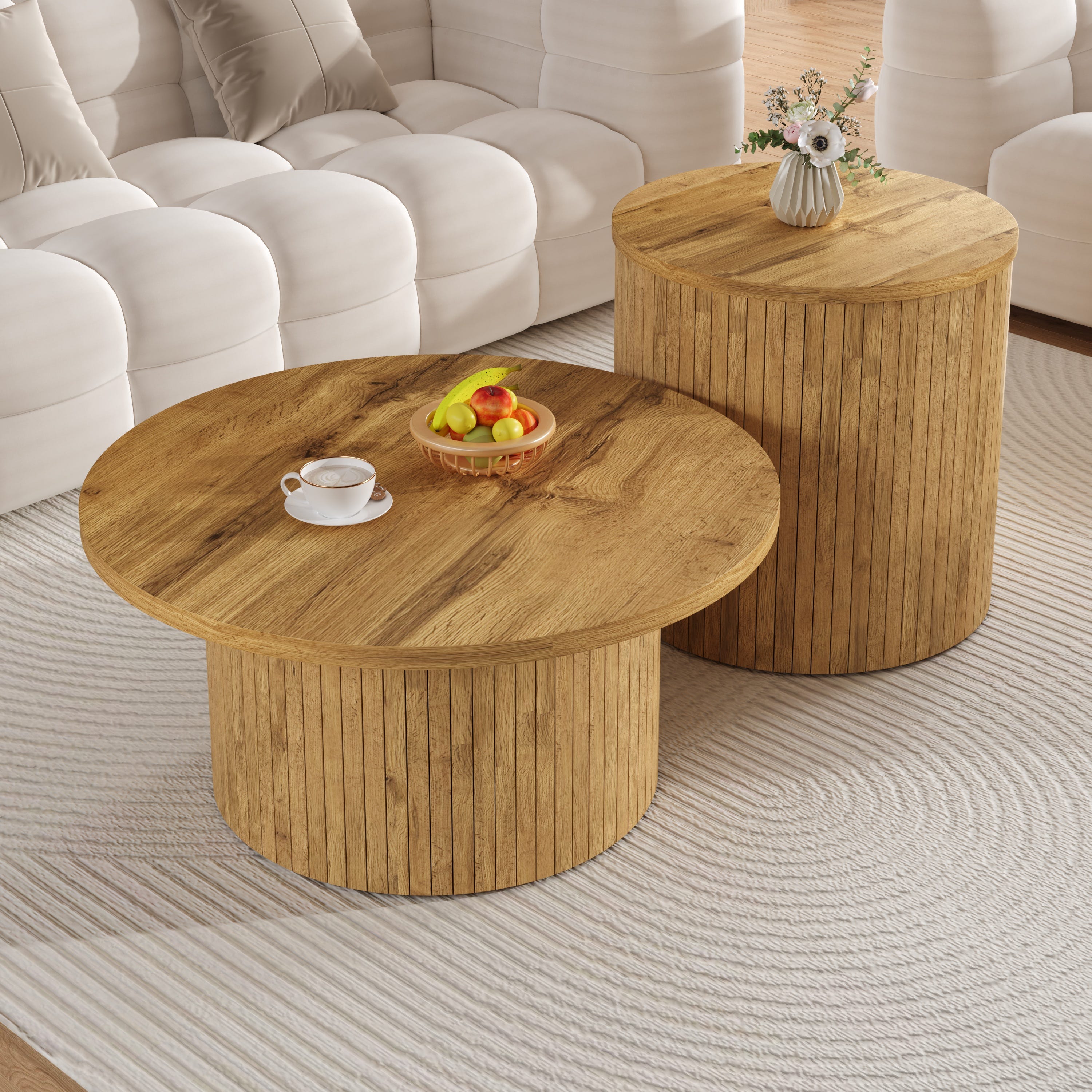 Table Basse Ronde Noyer Set de 2 Table Basses Ronde Bois,Estilo Escandinavo Moderno - Table D ...