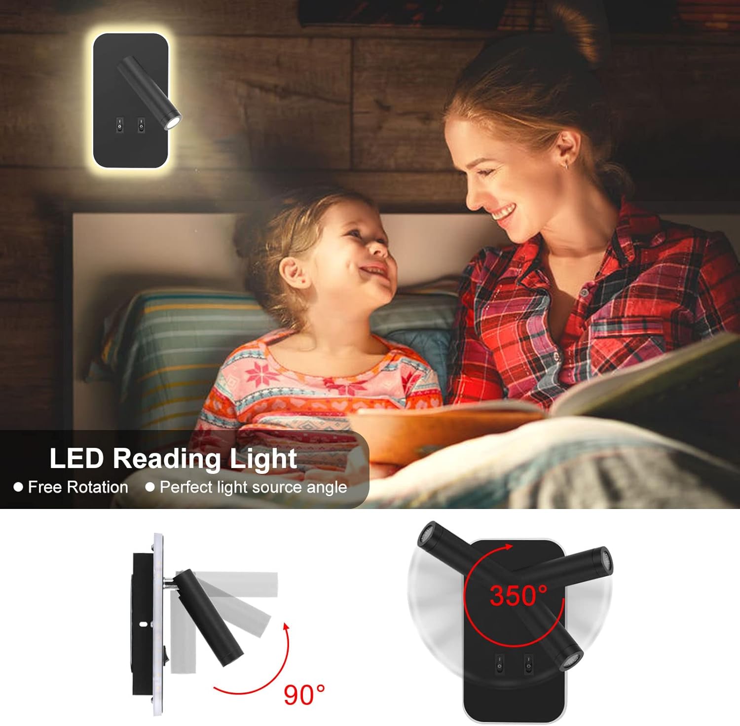 2 w 1 Lampka nocna LED, lampka do czytania 3 W + lampa ścienna 10 W, z przełącznikiem, czarna 3000 K
