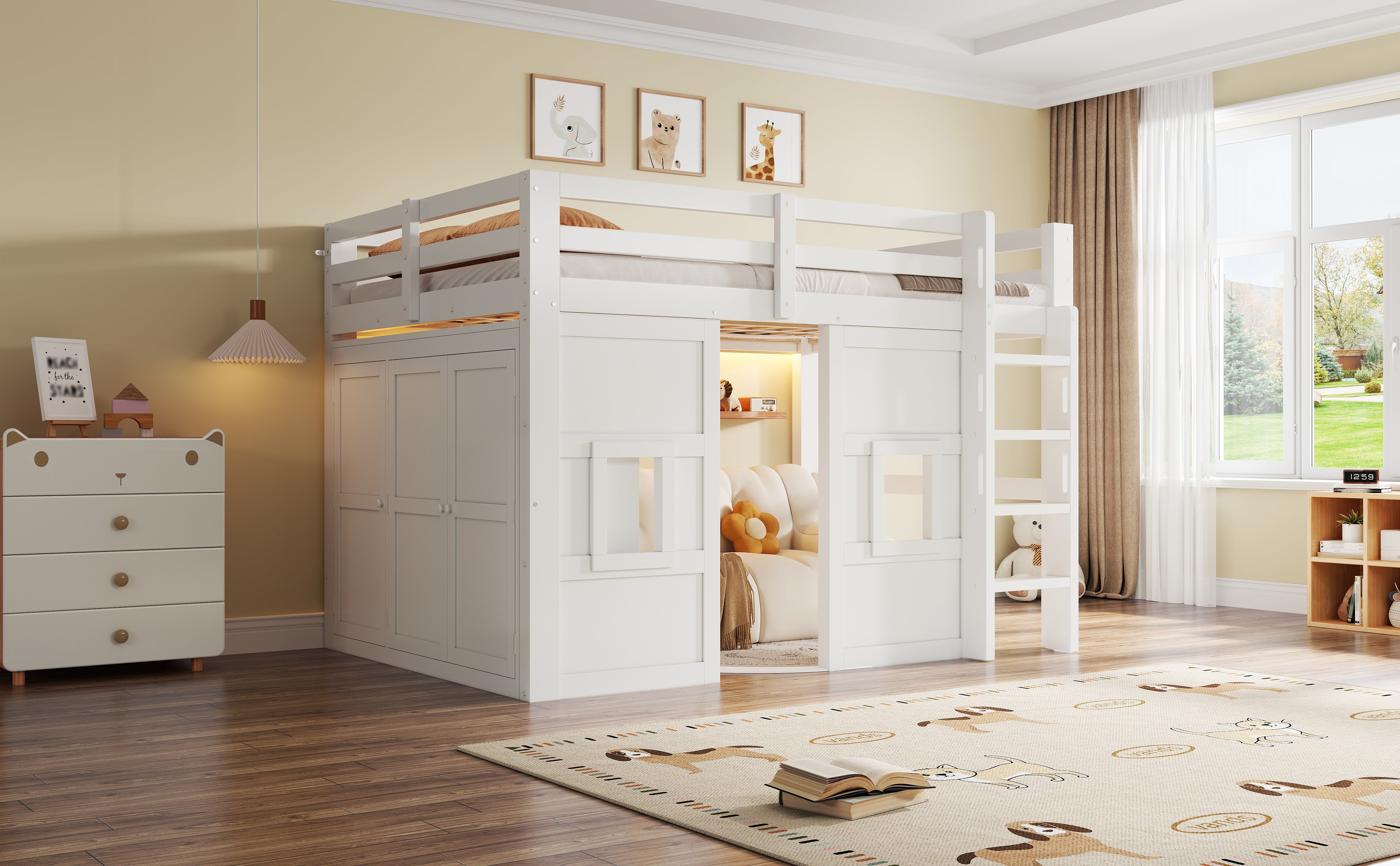 Lit mezzanine 140 x 200 cm avec armoire et 2 fenêtres - MDF + pin - LEDs - Blanc (Sans matelas) - 7