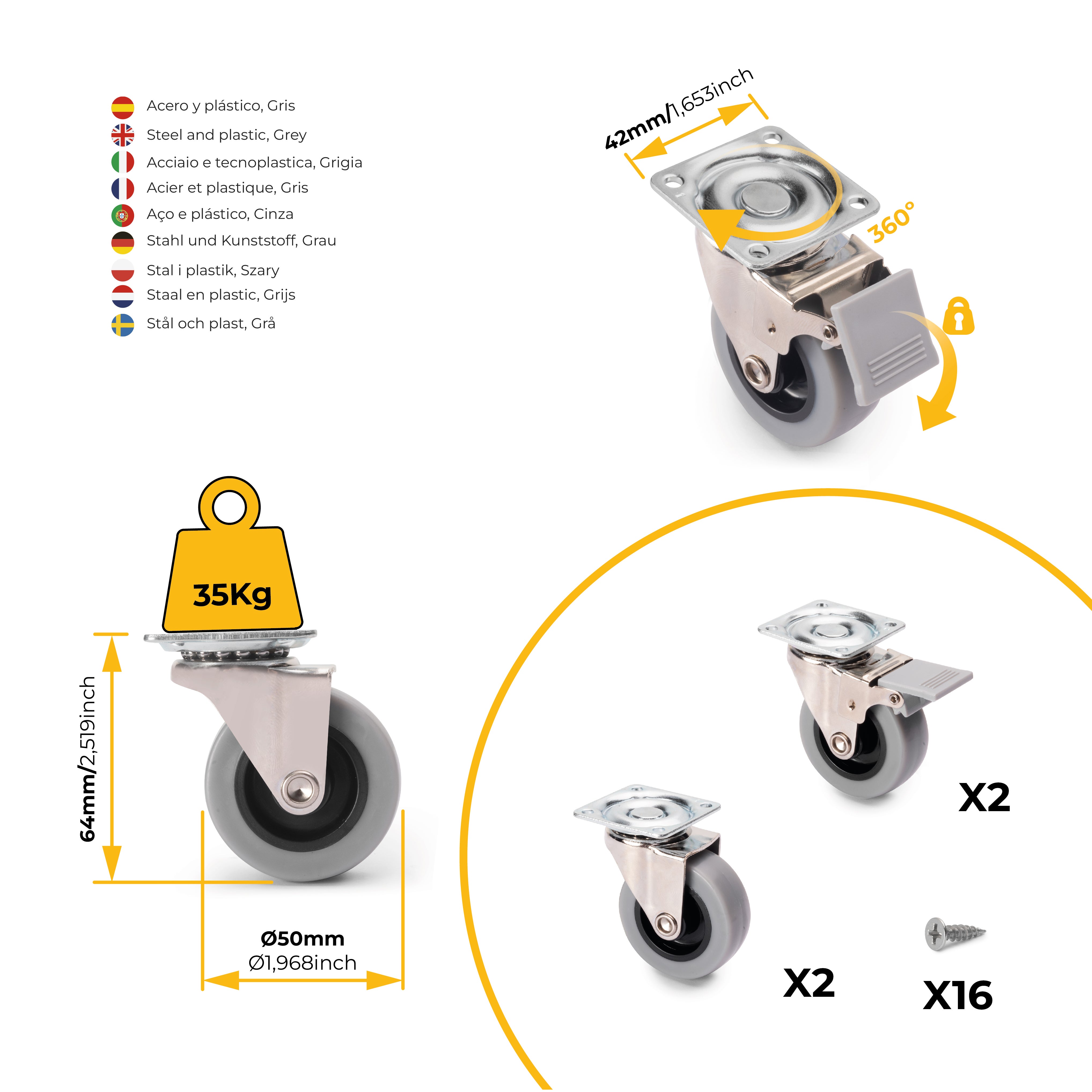 Emuca Lot de 4 roulettes Slip avec plétine de montage, diamètre 50mm, Acier et Plastique, Gris Plastique - 5