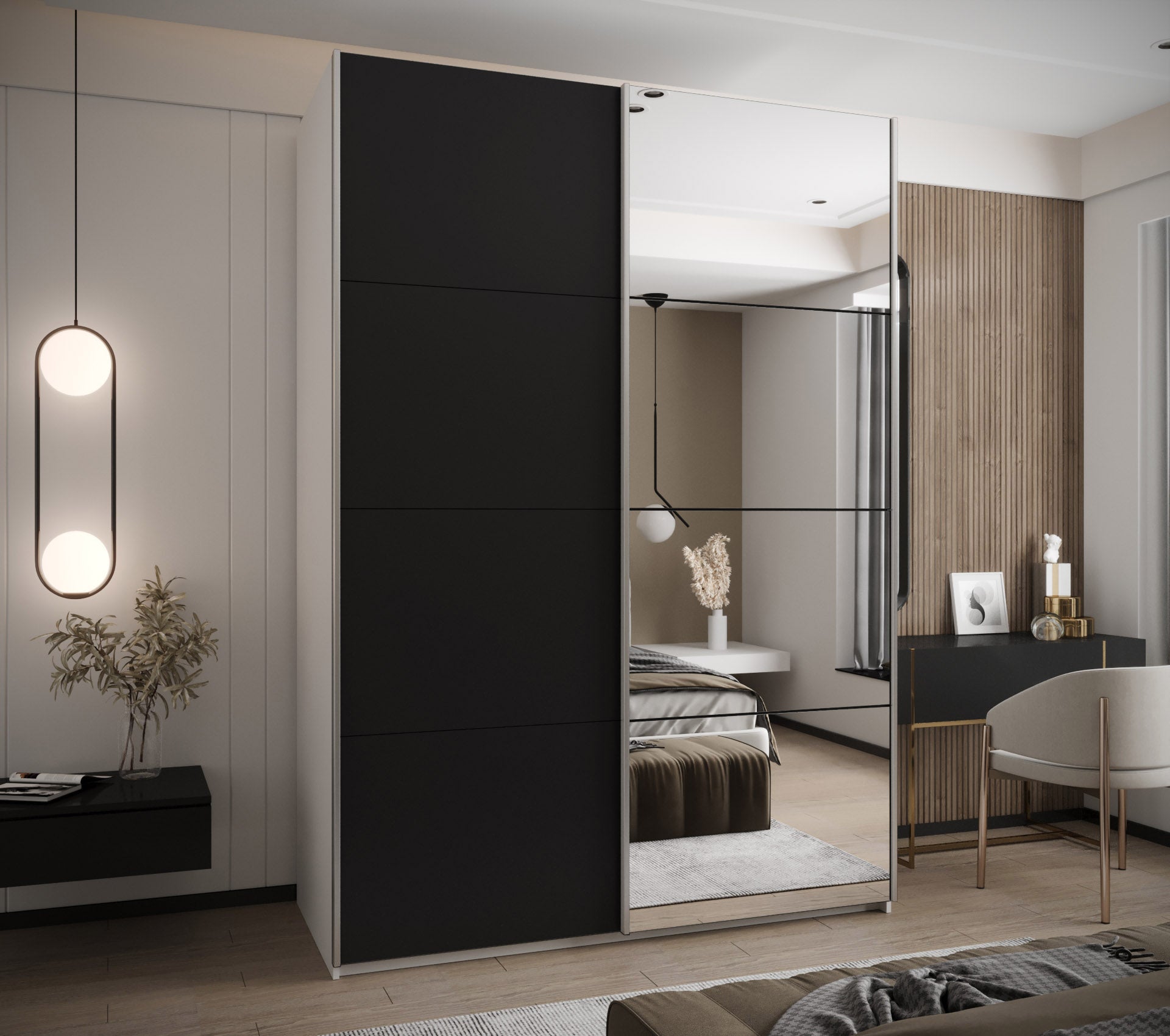 Szafa przesuwna wysoka Lux 3 180 x 64 x 245,5 cm biały + czarny + u. srebrny - Abiks Meble - 2