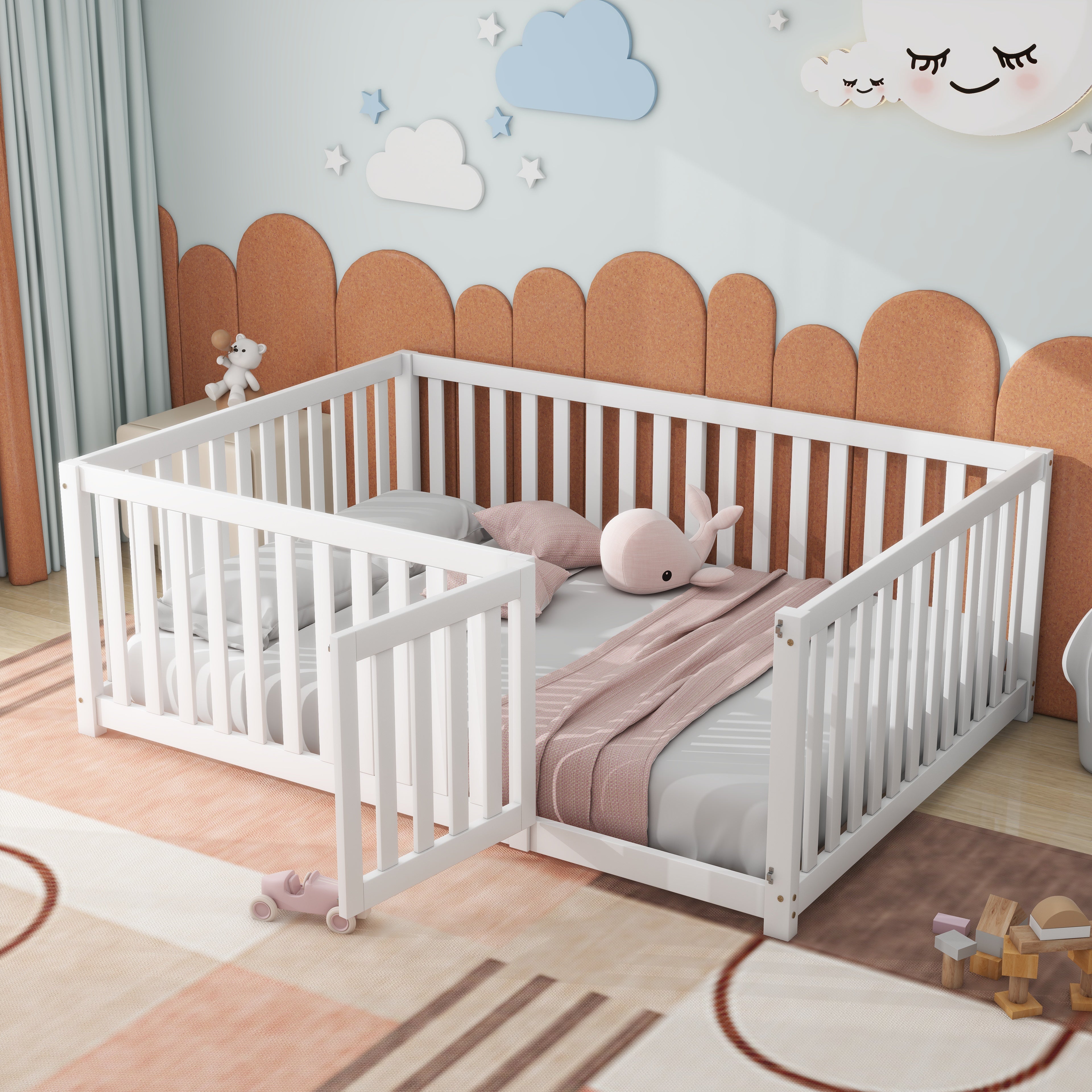 Letto per bambini 140x200, struttura in legno con recinzione e porta, grigio (205,5x146,8x60,2 cm