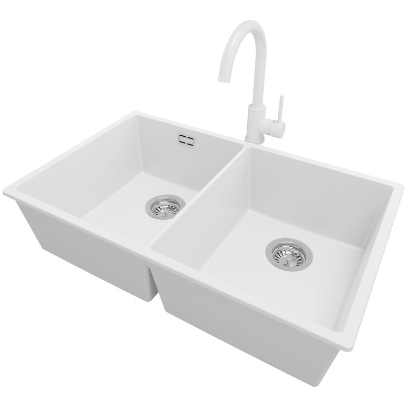 Zlewozmywak Granitowy Biały 76x47cm, Zlew Kuchenny 2 Komorowy + Bateria 32x20cm + Syfon, Nablatowy do szafki od 80cm - Londyn Slim Twin PRIMAGRAN