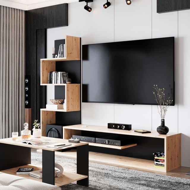 Móvel de TV Snake estilo industrial para sala de estar e sala de jantar em carvalho artesanal e preto com 4 prateleiras 160x130x29 cm