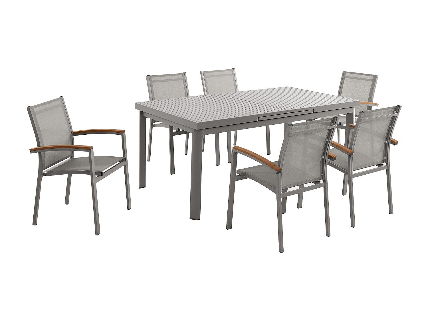 Zestaw mebli ogrodowych jadalnianych z aluminium: stół rozkładany dł. 180/240 cm i 6 sztaplowanych foteli z akacjowymi podłokietnikami - Taupe - NAURU