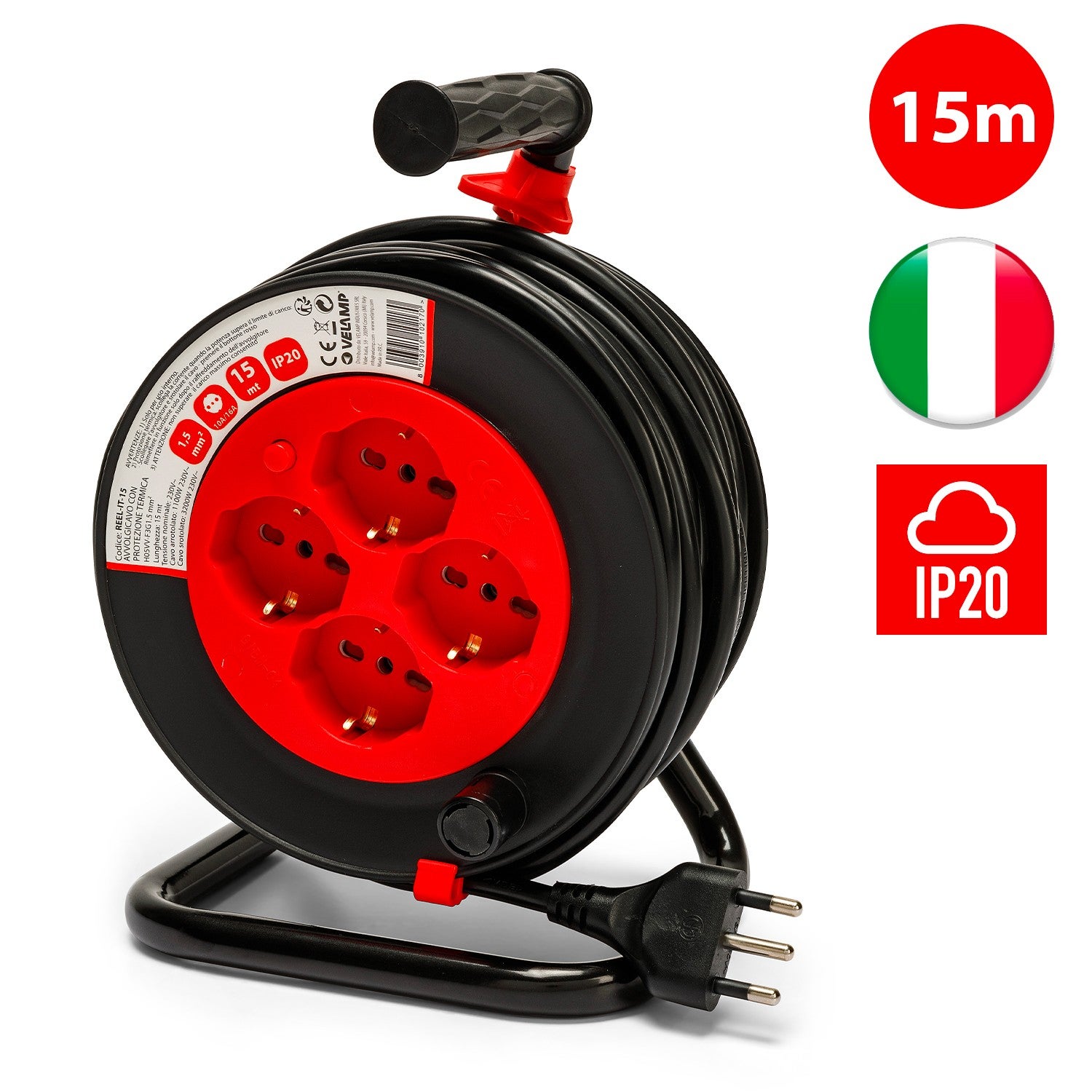 Enrouleur électrique standard italien, 4 prises, câble H05VV-F3G1.5MM2, 15m, CE - 8