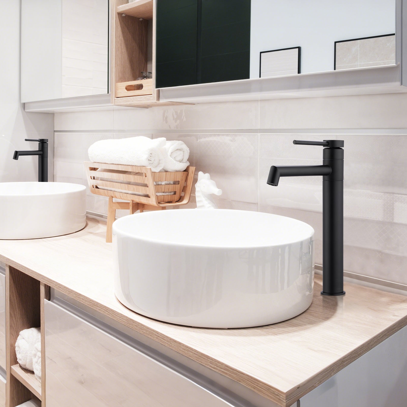 LOVHAUS Czarna Bateria Łazienkowa, Wysoka Bateria Umywalkowa Obrotowa o 360° z Wylewką o Długości 21 cm do Umywalki Nablatowej, Zestaw 2 Szt.