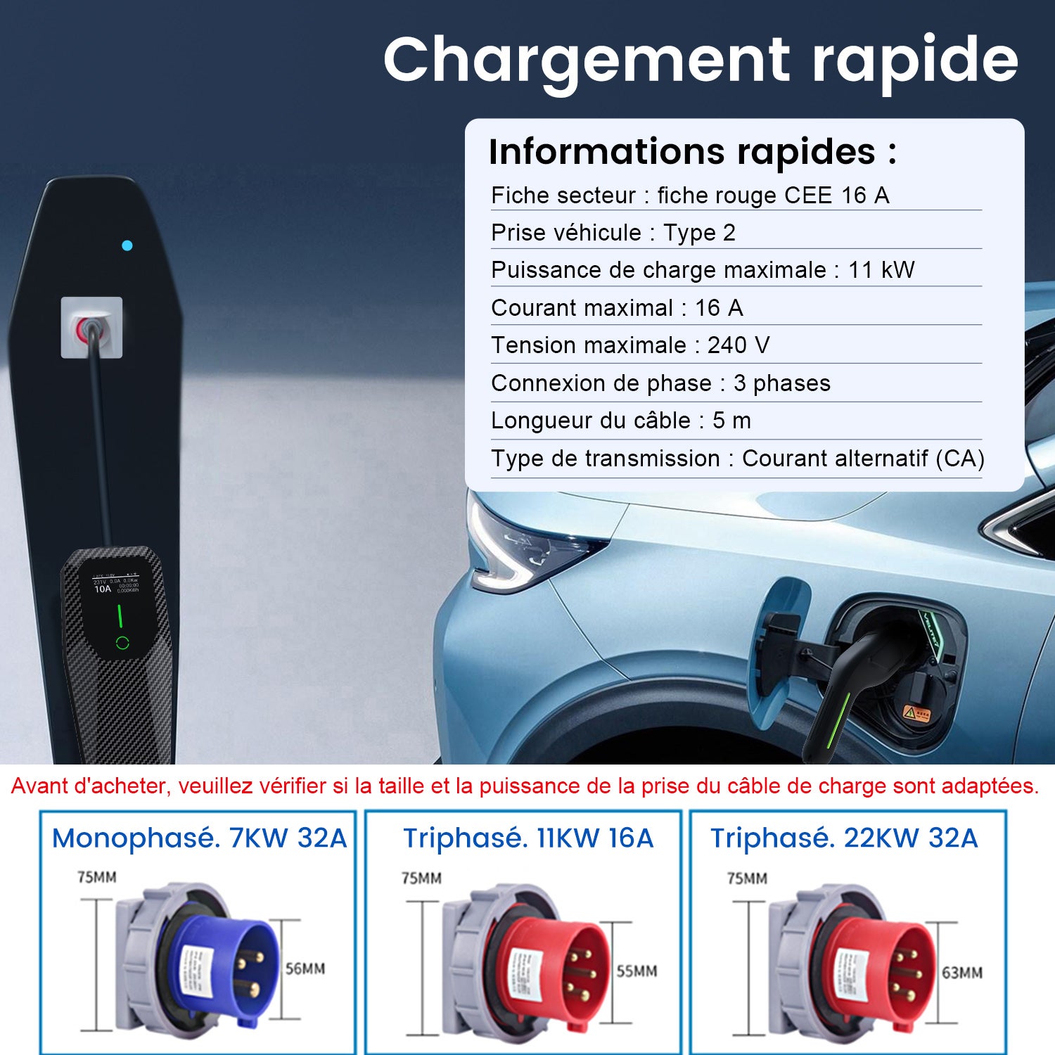 Dé Chargeur Voiture Electrique CEE 11kW [12m | Triphasé | 6-16A] CEE Câble Recharge Véhicule Electrique Avec LCD écran, EV Chargeur Station De Charge Mobile/Wallbox Avec Schuko Adapateur