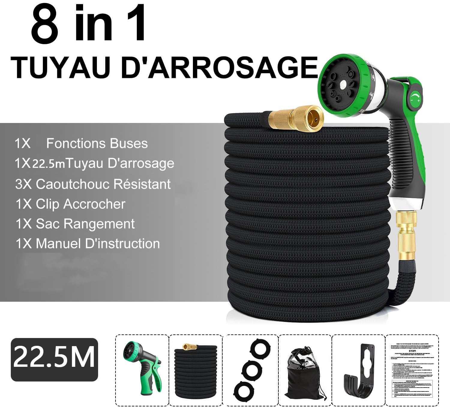 Tubo da giardino resistente, 1,5 cm, super flessibile, con ugello a 10 funzioni, raccordi in ottone massiccio da 3/4, tubo a tenuta stagna 600 raffiche PSI per tutte le stagioni (150 m
