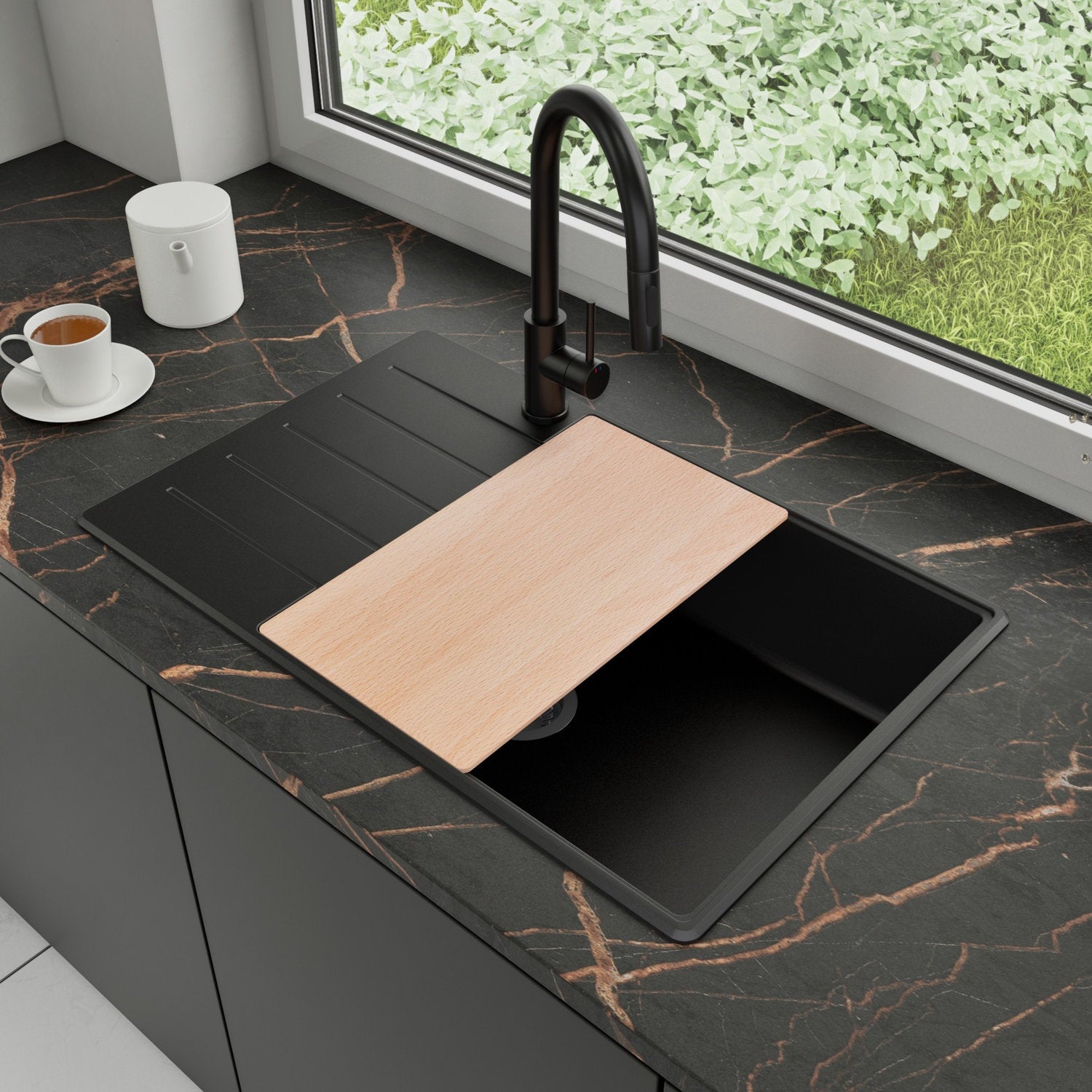 Zlewozmywak Granitowy 78x50cm, do szafki od 60cm + Bateria + Syfon + Deska - Ametyst Czarny STONESTYLE