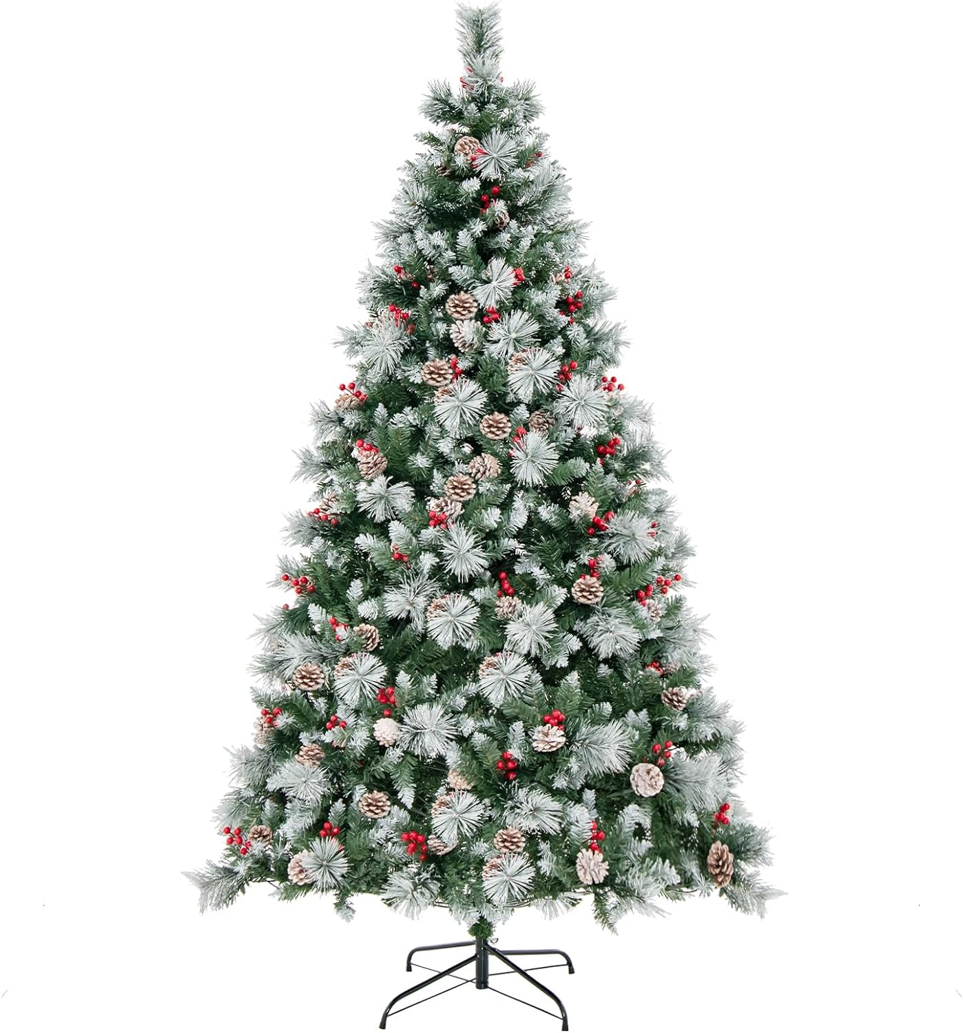 Sztuczna choinka LED, 180/210 cm, podświetlana choinka z szyszkami sosnowymi i czerwonymi jagodami i metalowym stojakiem, zielone (210 cm)