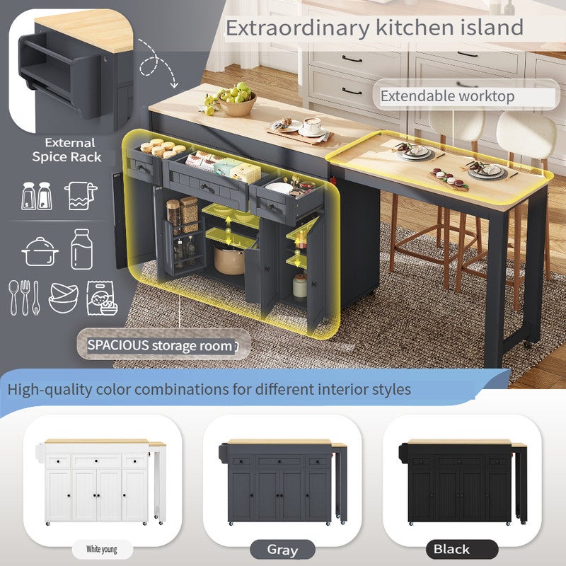 Îlot de cuisine mobile,ilot central cuisine avec table extensible,Kitchen island autoportant avec étagère à épices et tiroir,pour aux cuisines,Gris - 7