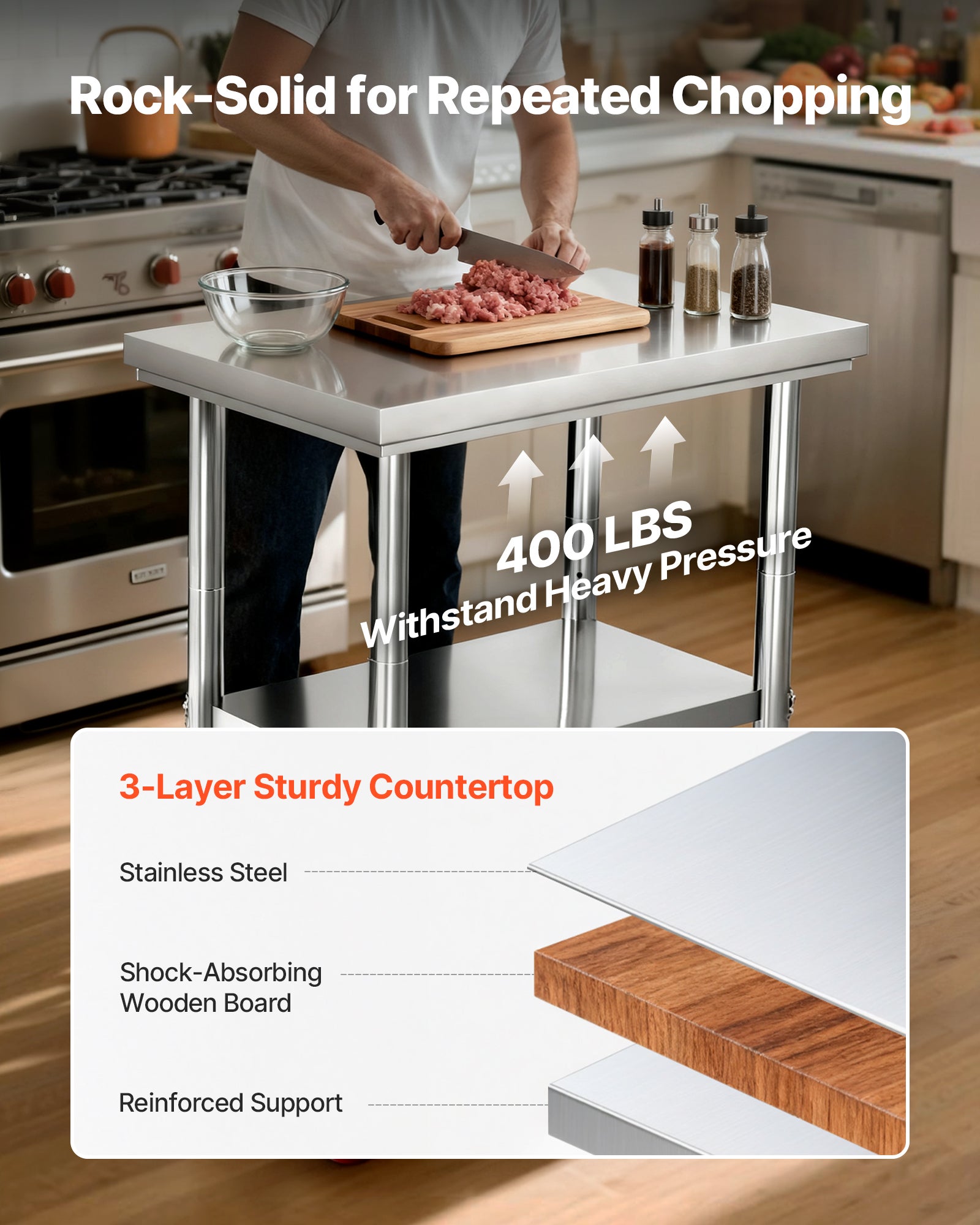 Tavolo da lavoro VEVOR acciaio inox 76x60 cm, con ruote e ripiano regolabile, per preparazione alimenti, cucina professionale, ristorante, hotel - 4