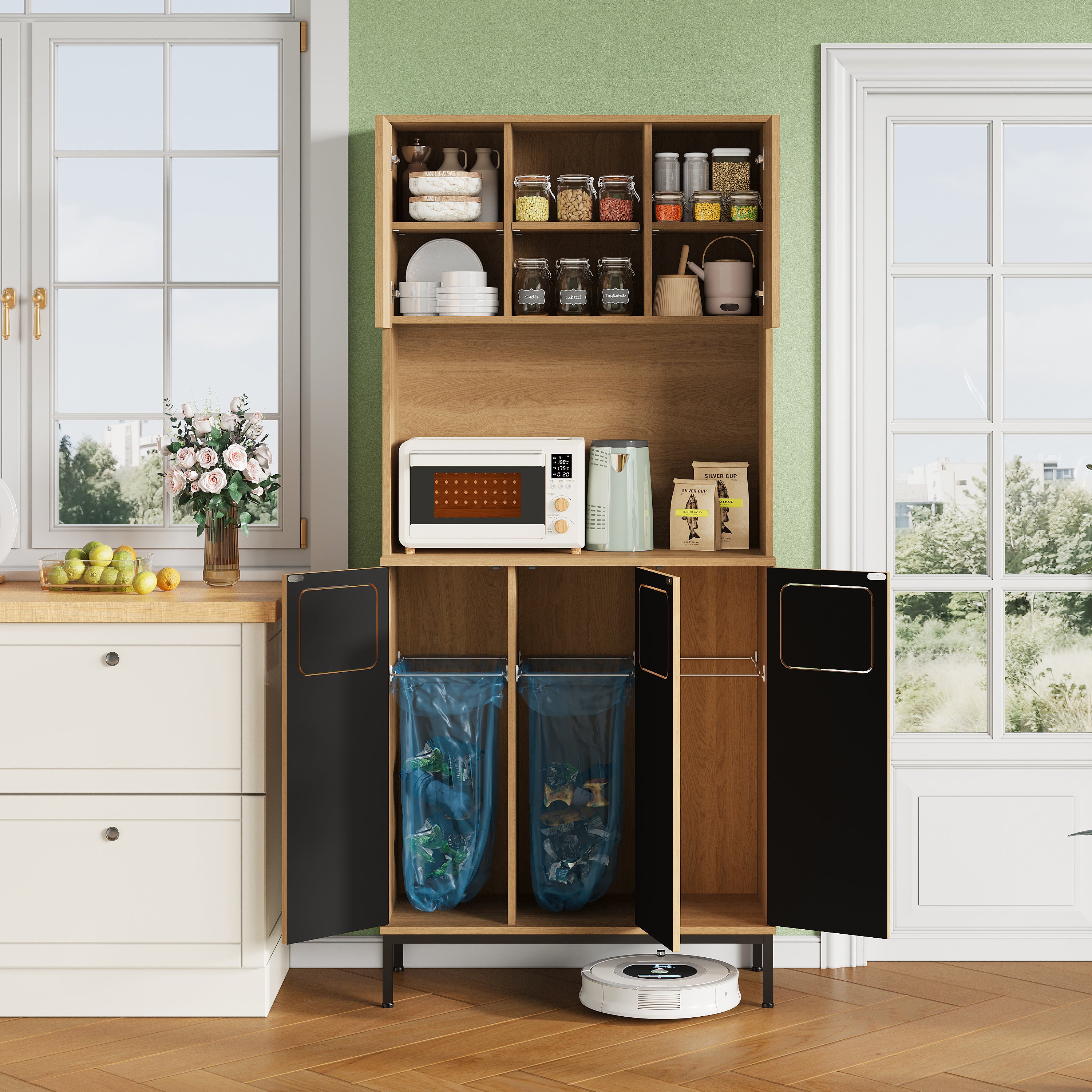 Armoire poubelles cuisine 3 portes tri sélectif hauteur 181 cm aspect chêne 3 compartiments micro-ondes aspirateur 80x35x181 cm - 3