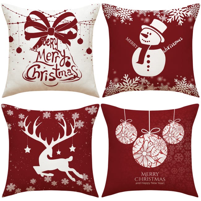 Housses De Coussin Noël Lot De 4 - Taille 40x40cm En Lin - Motif Maison Flocon De Neige - Fermeture éclair Dissimulée - Décoration Salon Et Canapé