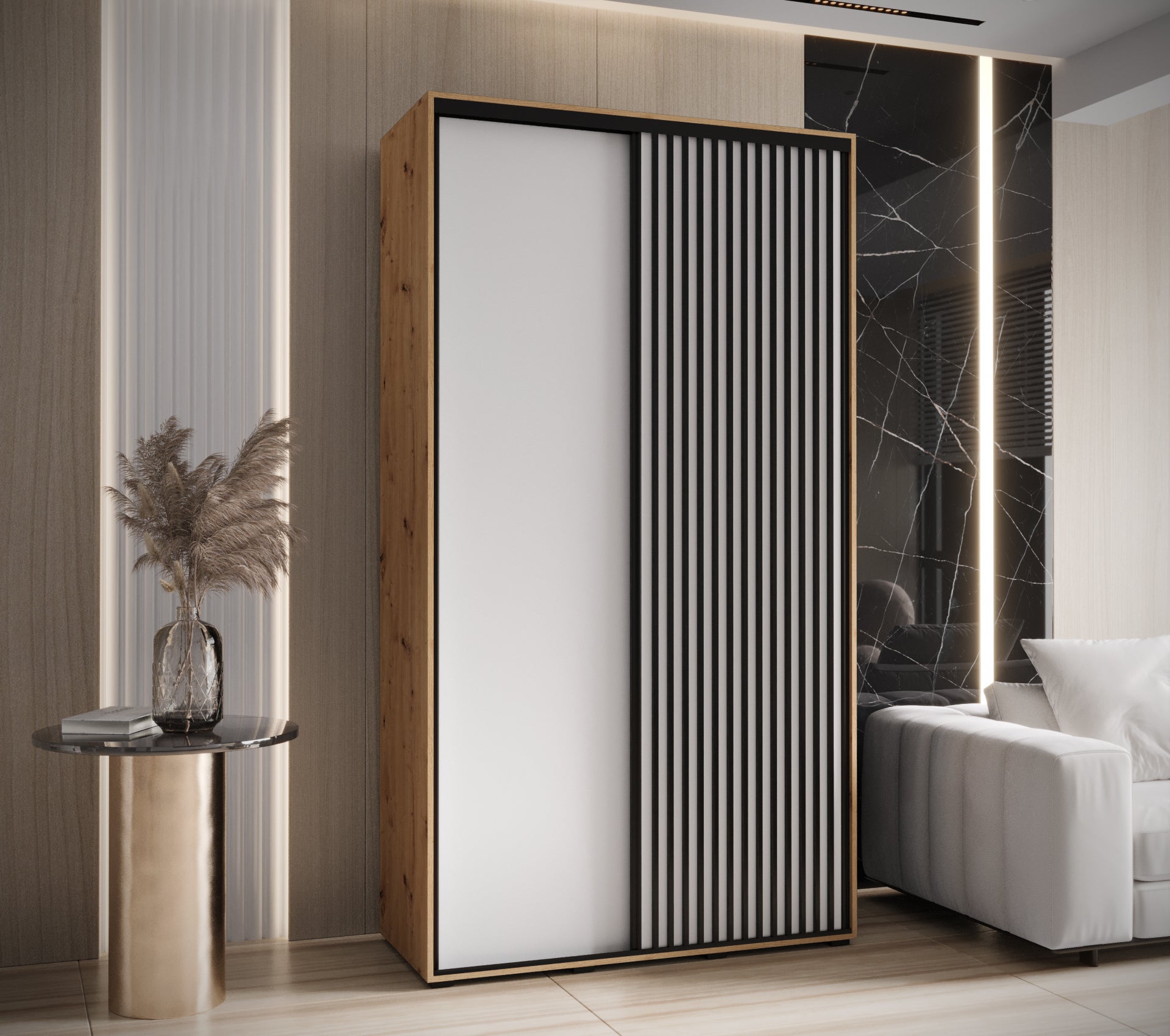 Szafa przesuwna wysoka Lanko 1 130 x 60 x 235,2 cm artisan + biały + lamele czarny - Abiks Meble - 2