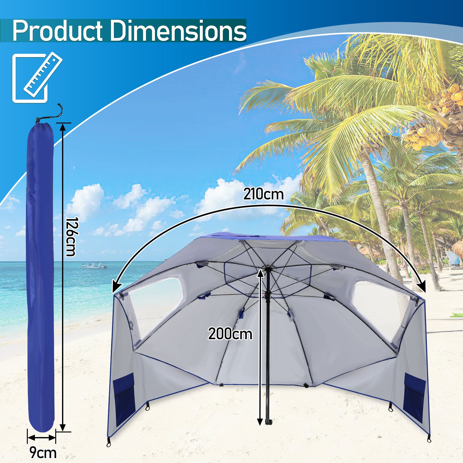 Parasol de plage ou jardin 210 cm avec protection UV, en bleu, en polyester durable, avec piquet, avec ou sans côté - 2