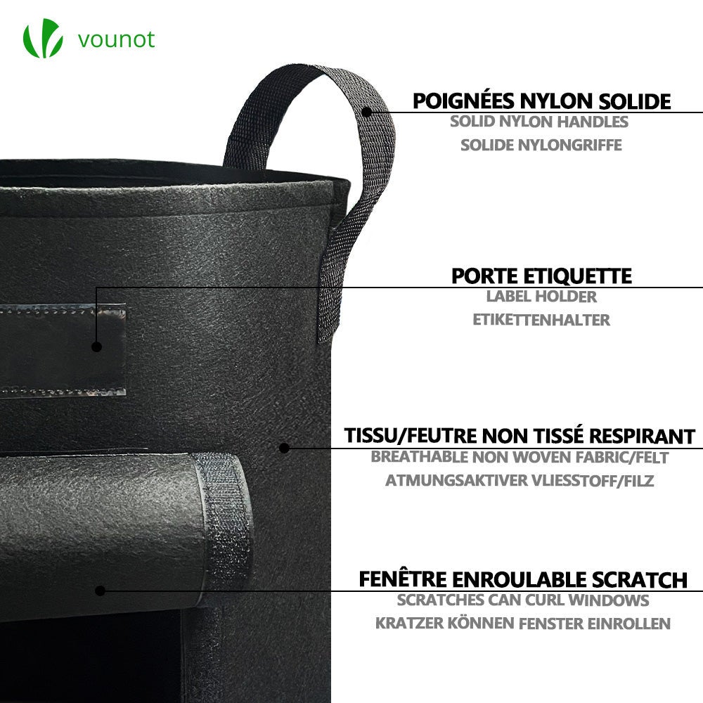 Lot de 3 sacs de plantation non tisse avec fenetre velcro et poignee 43L Noir VOUNOT® - 3